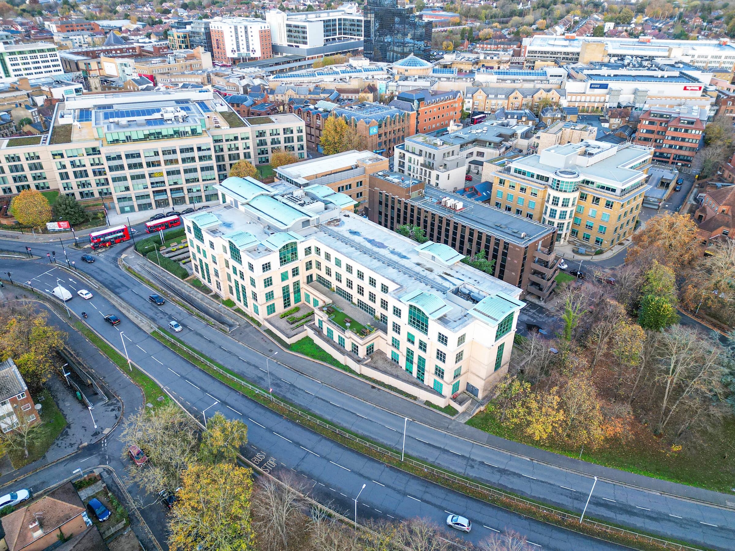 Aerial drone photograph of a UK property and its surroundings.