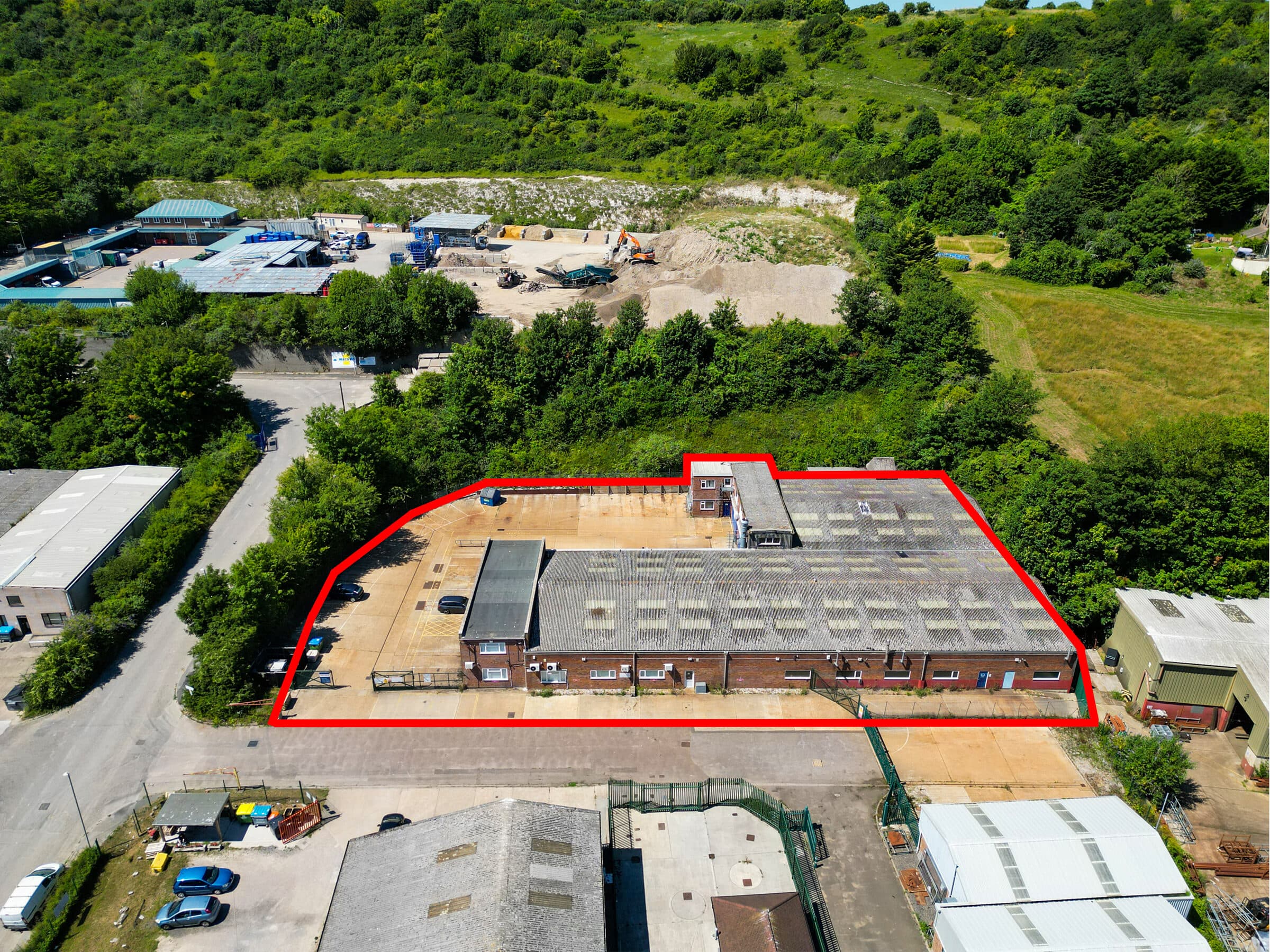 Aerial drone photograph of a UK property and its surroundings.