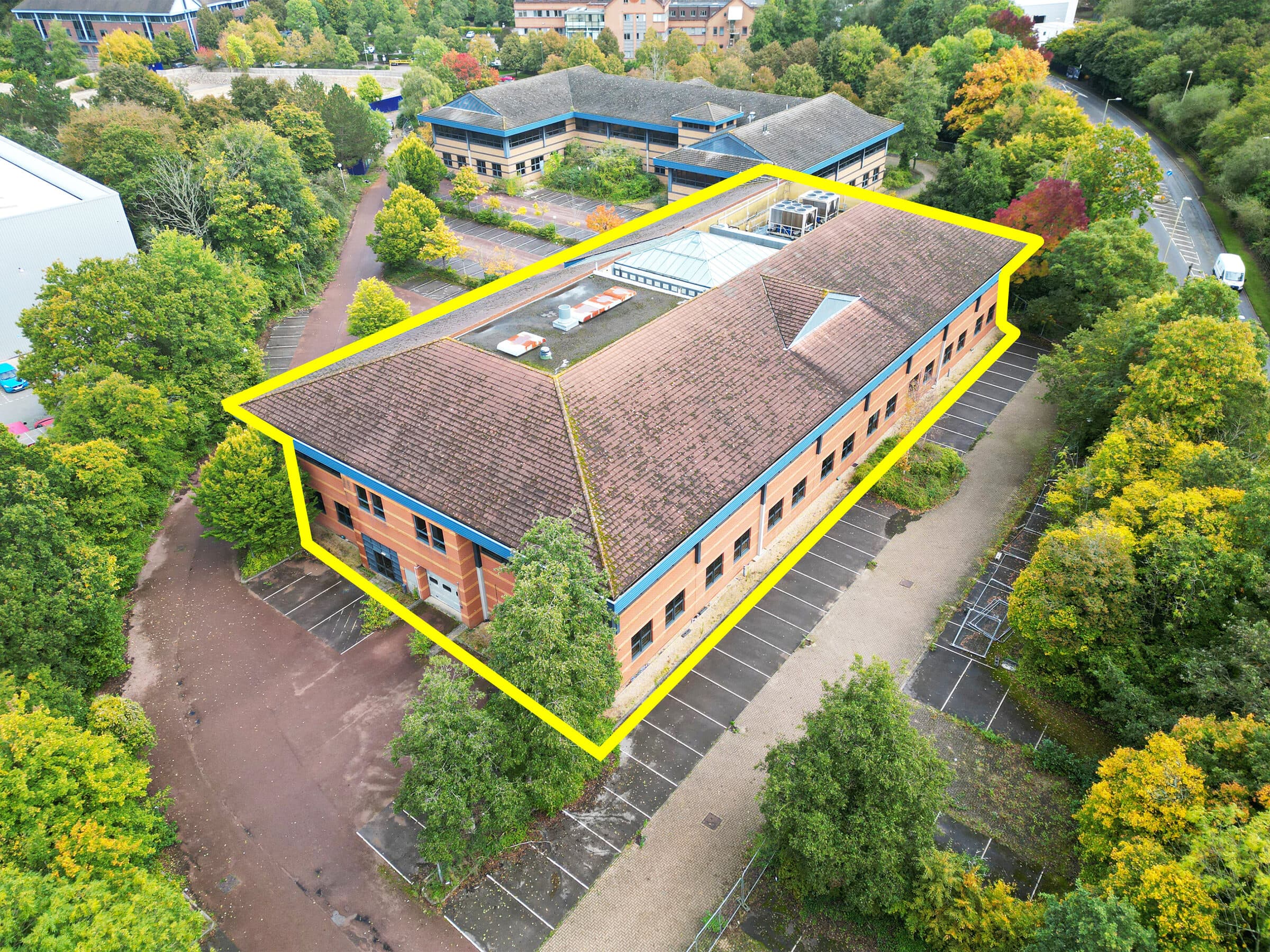 Aerial drone photograph of a UK property and its surroundings.