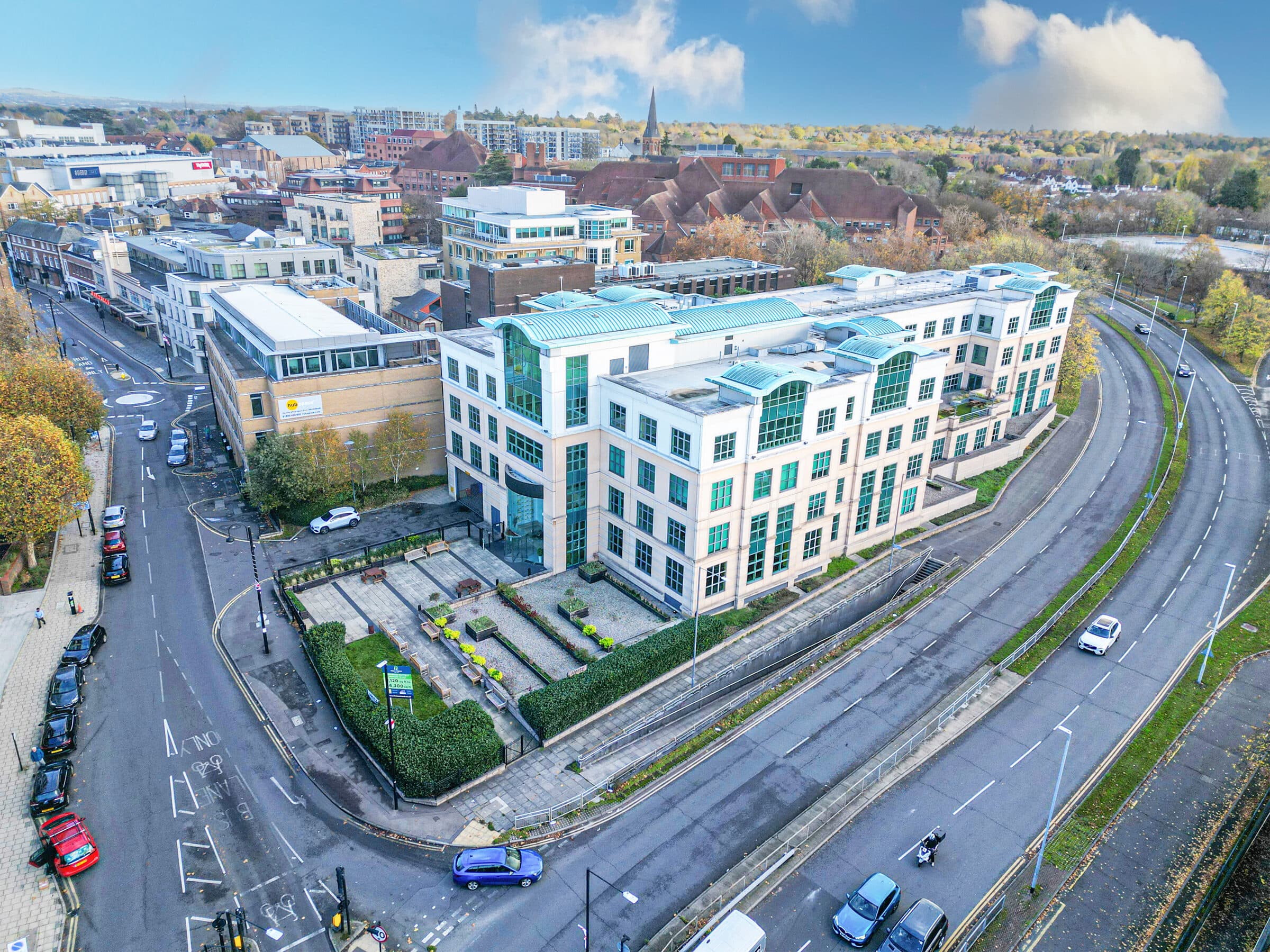 Aerial drone photograph of a UK property and its surroundings.
