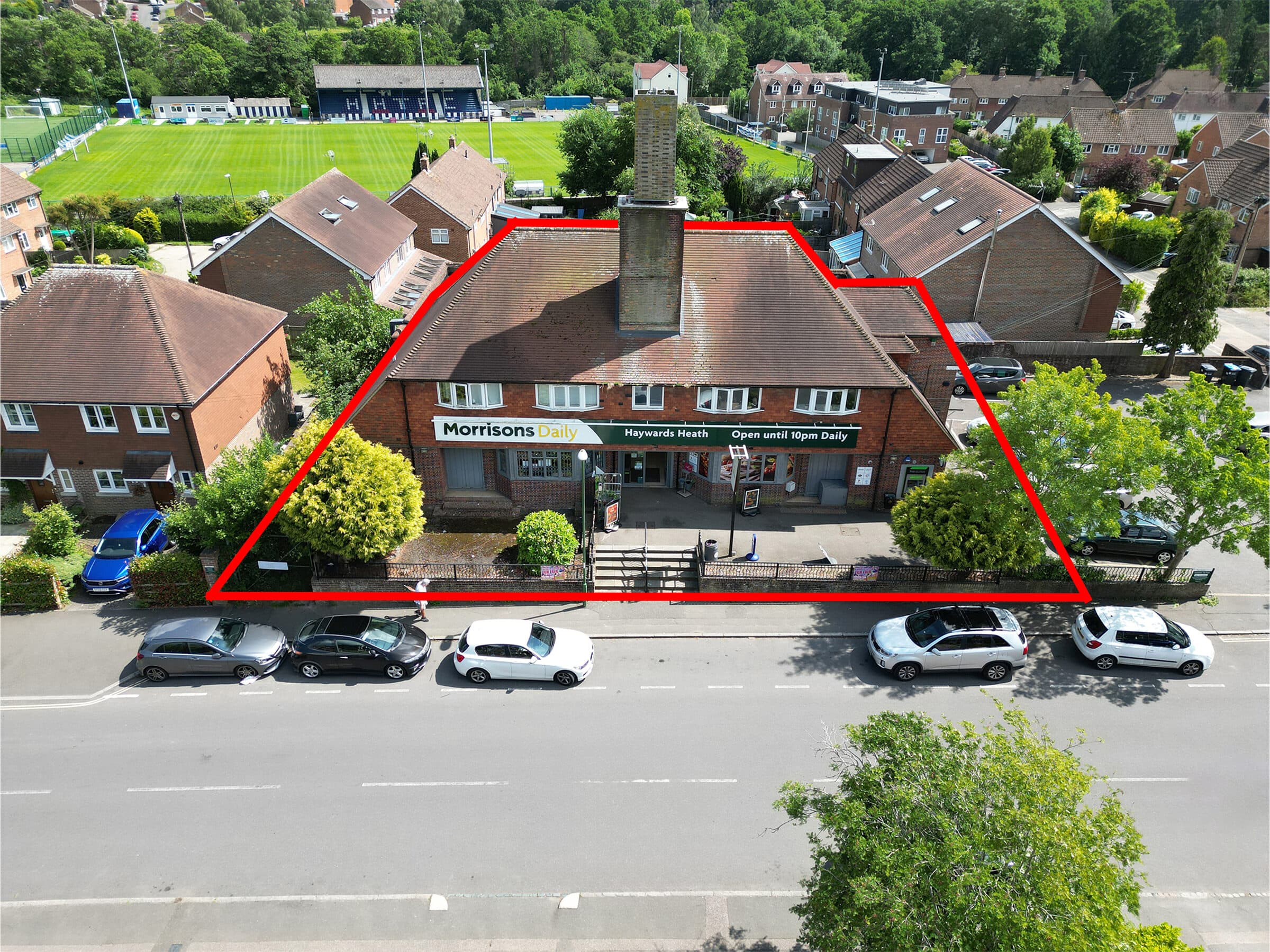 Aerial drone photograph of a UK property and its surroundings.