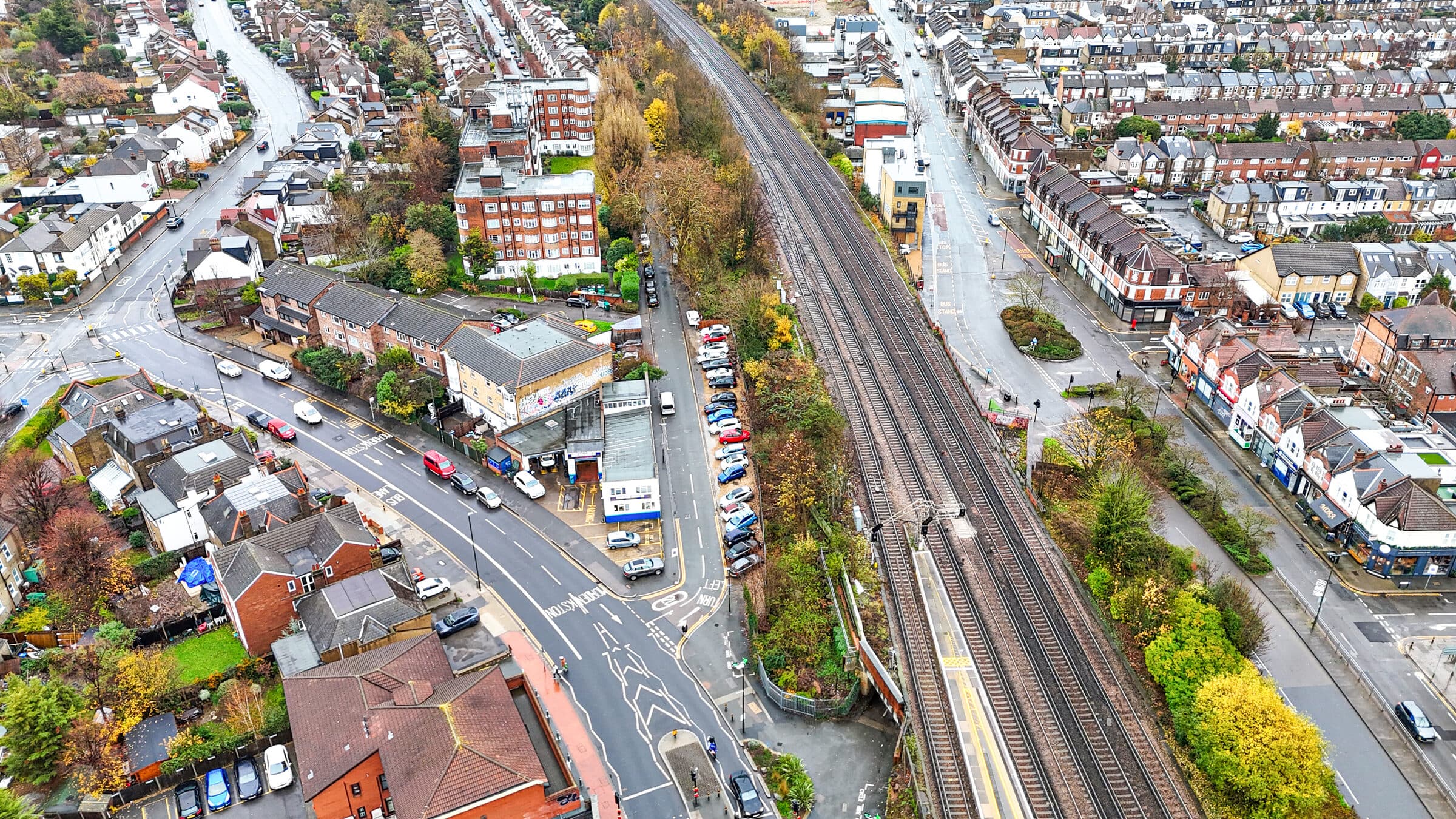 Aerial drone photograph of a UK property and its surroundings.