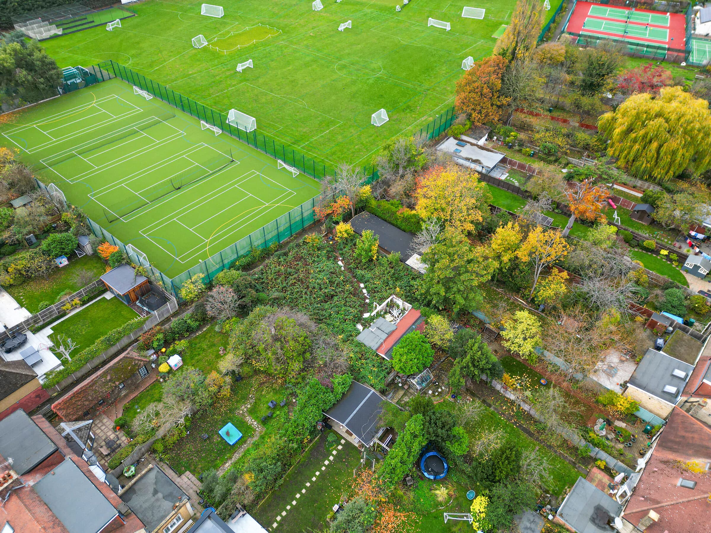 Aerial drone photograph of a UK property and its surroundings.