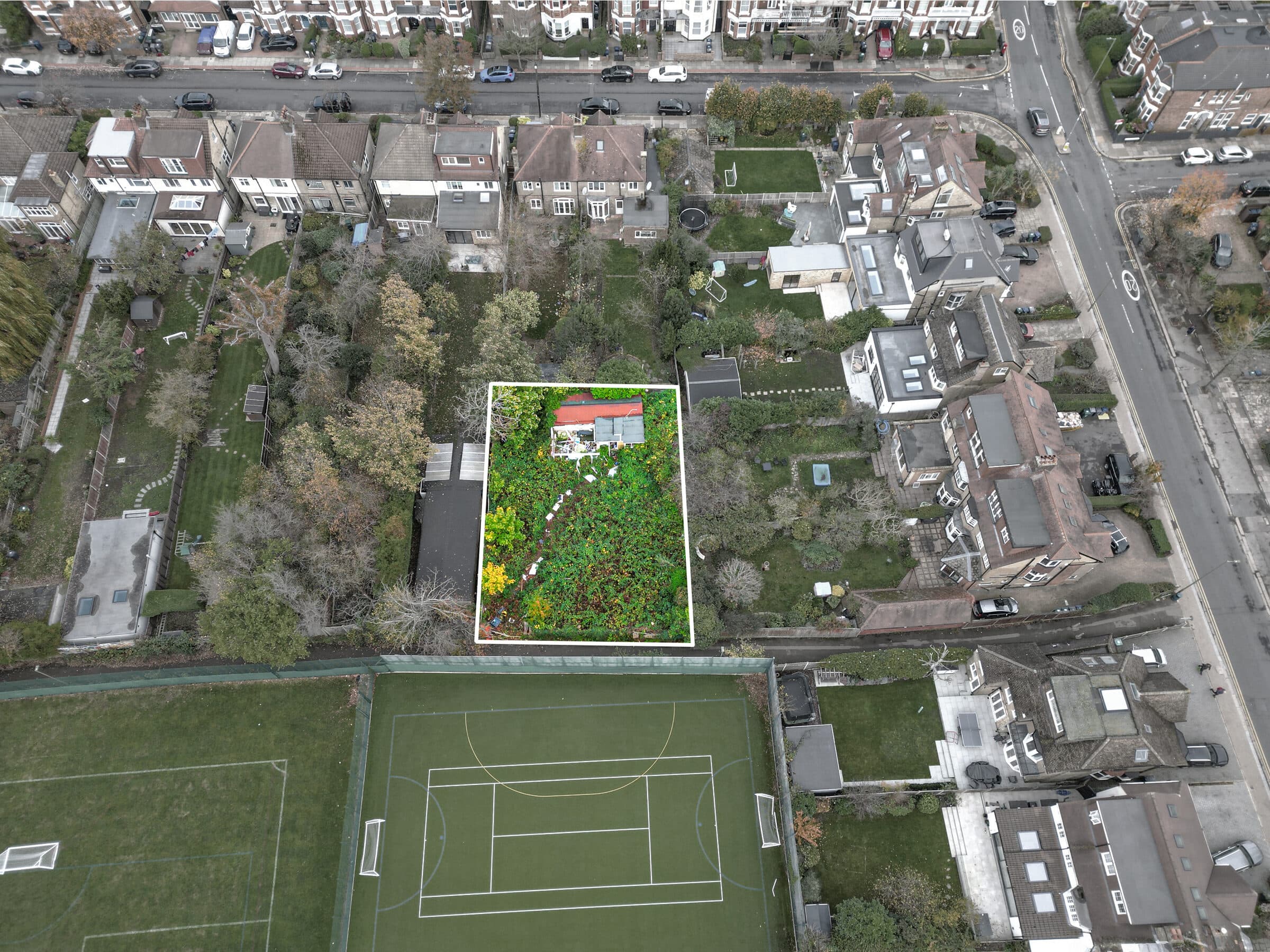 Aerial drone photograph of a UK property and its surroundings.