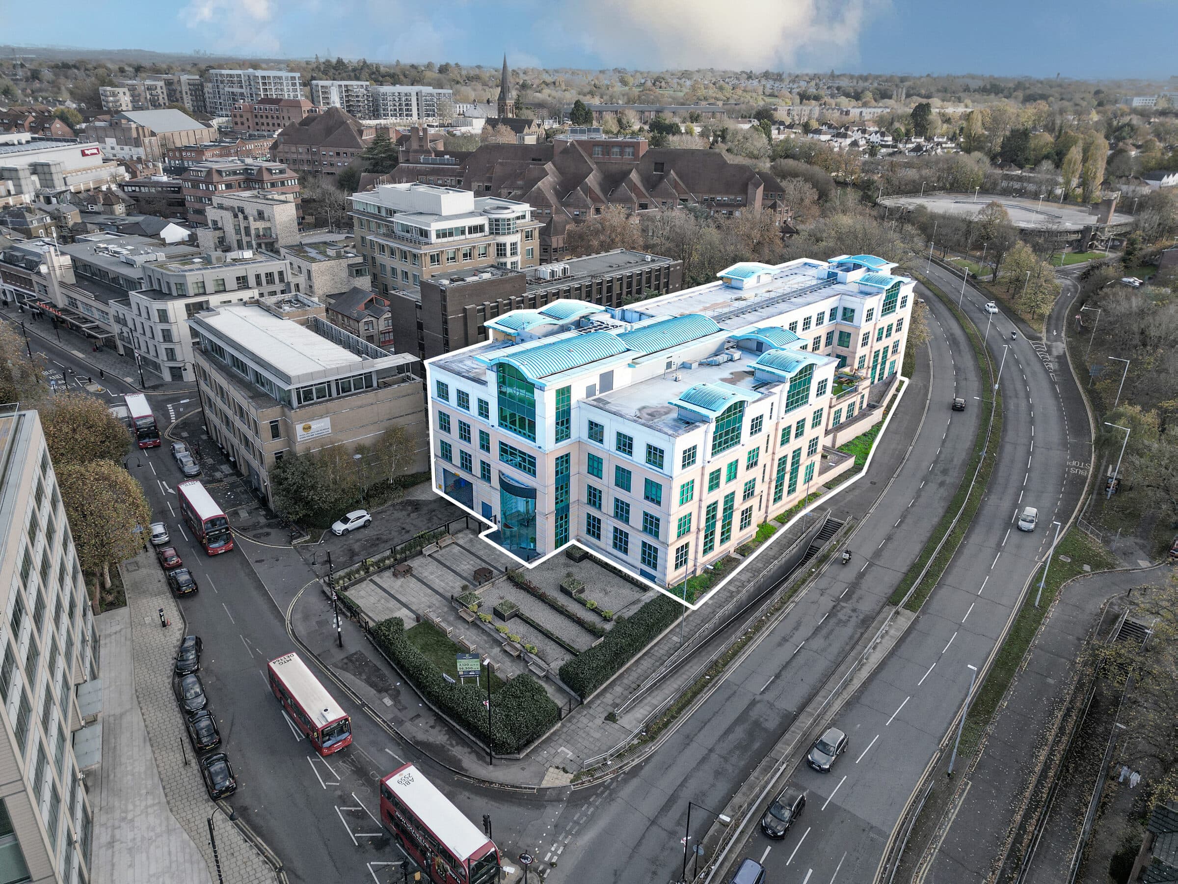 Aerial drone photograph of a UK property and its surroundings.